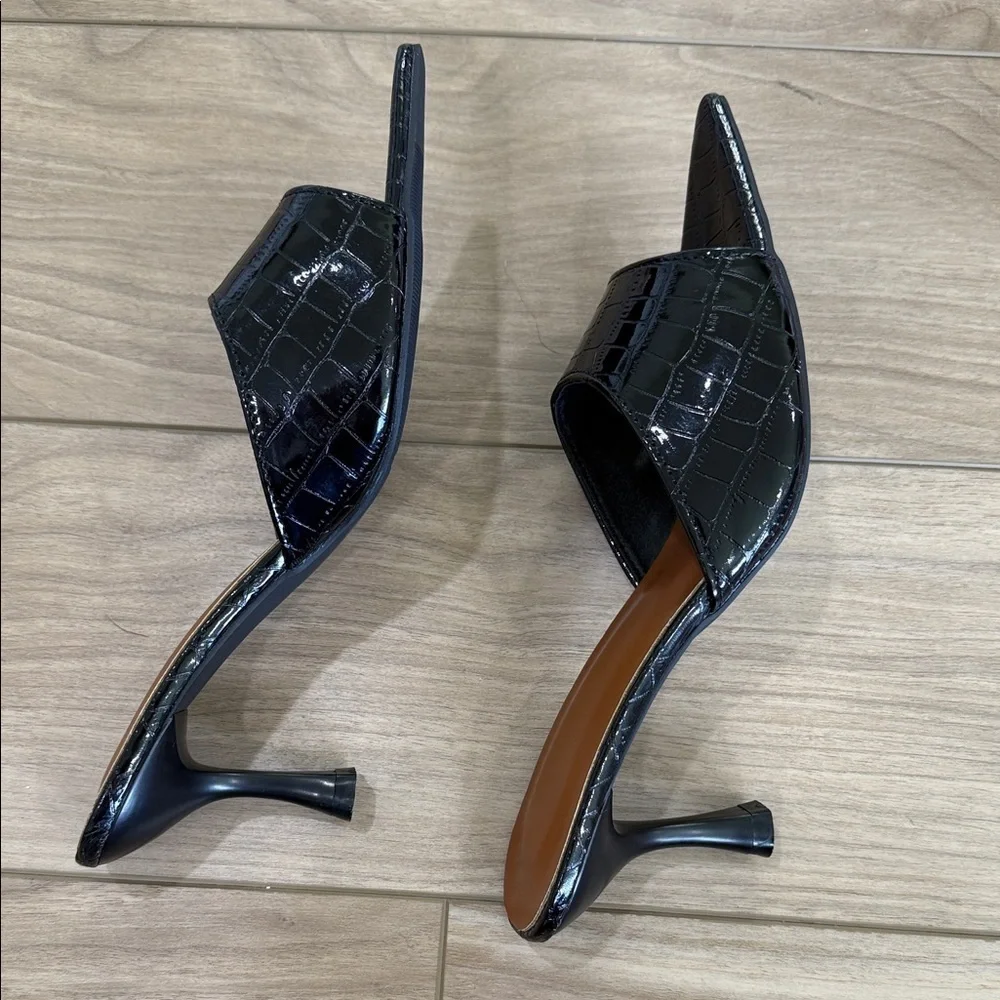 SHEIN Black Croc-Embossed Pointed Toe Mule Heels